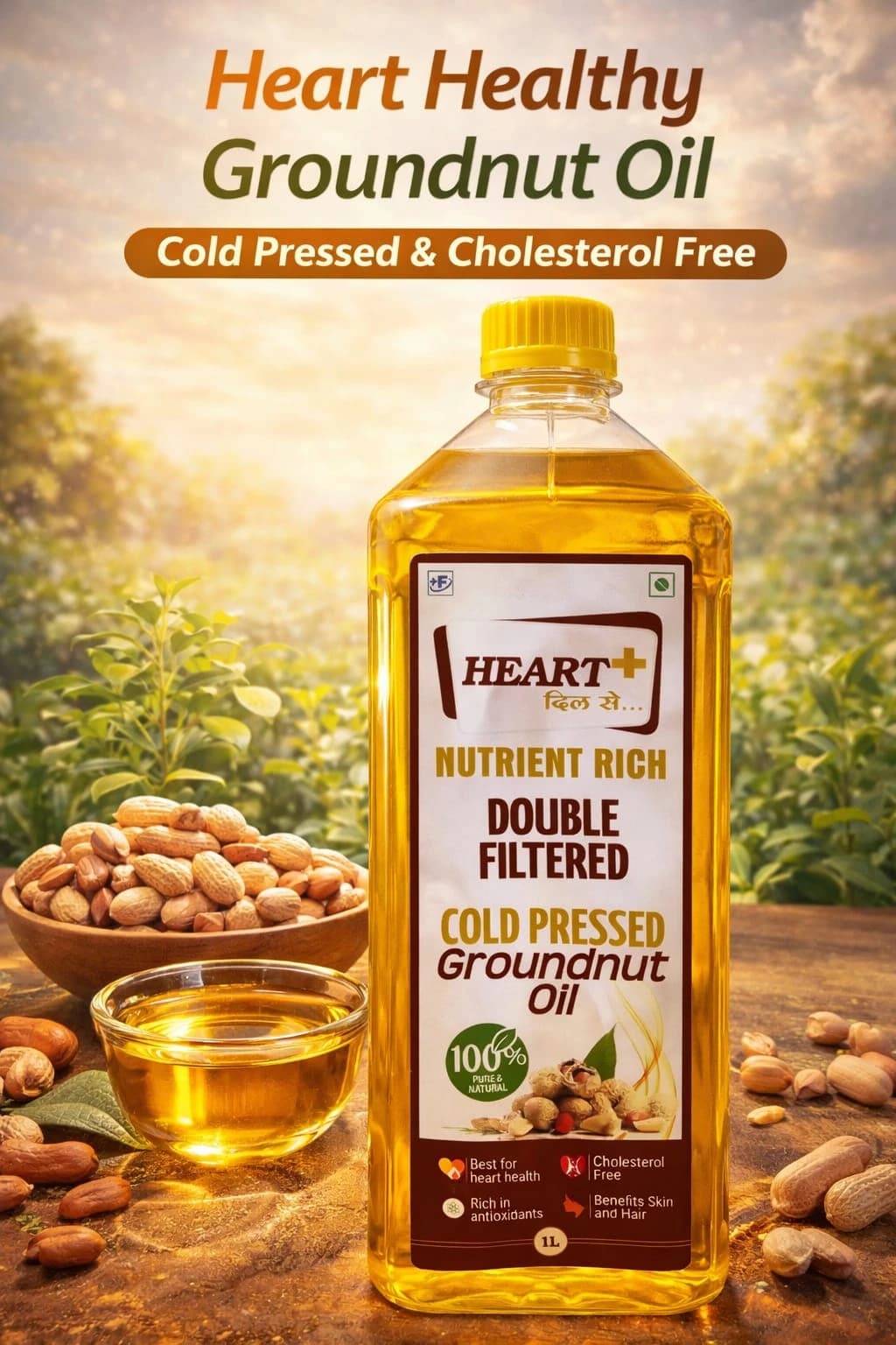 Promotional artwork highlighting the My Heart Plus 1 litre groundnut oil bottle in a warm agricultural setting.