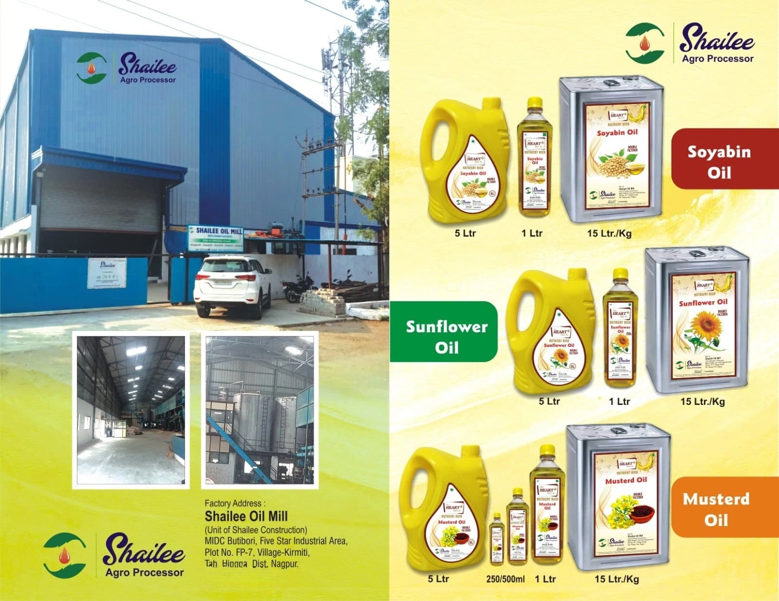 Shailee Oil Mill facility photograph and branded edible oil product-range artwork from Nagpur.