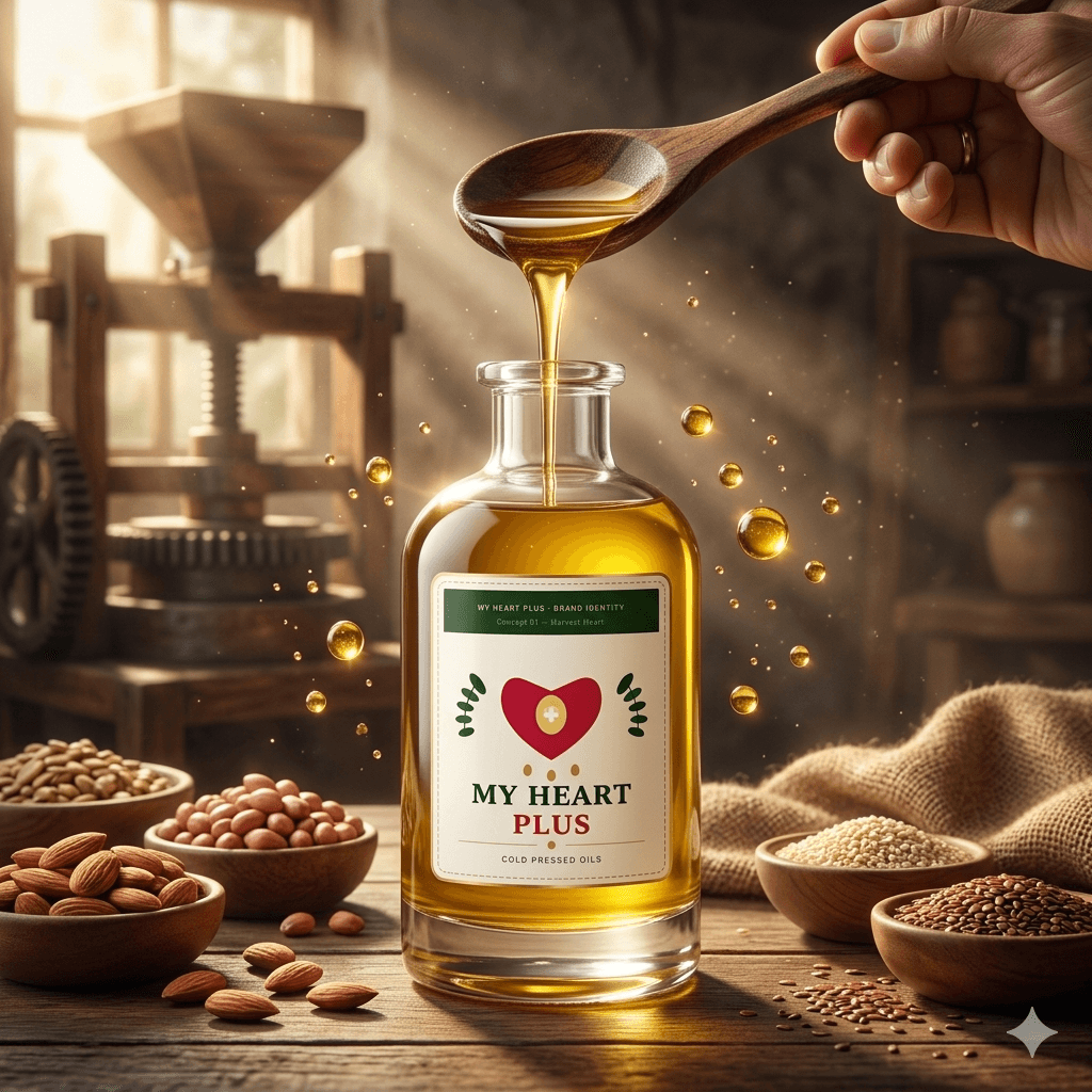 Cold-pressed oil being poured into a premium My Heart Plus bottle