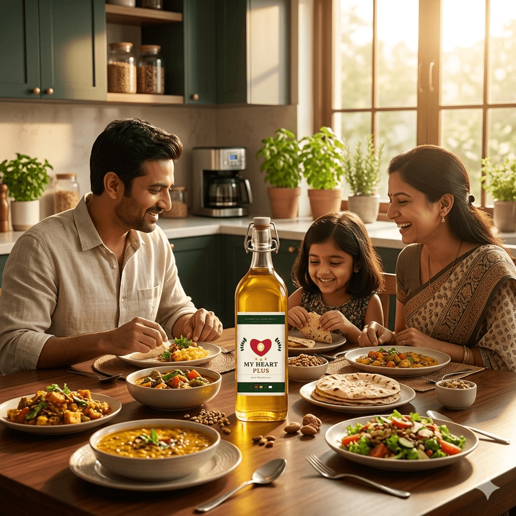 Healthy family dining together with My Heart Plus oil