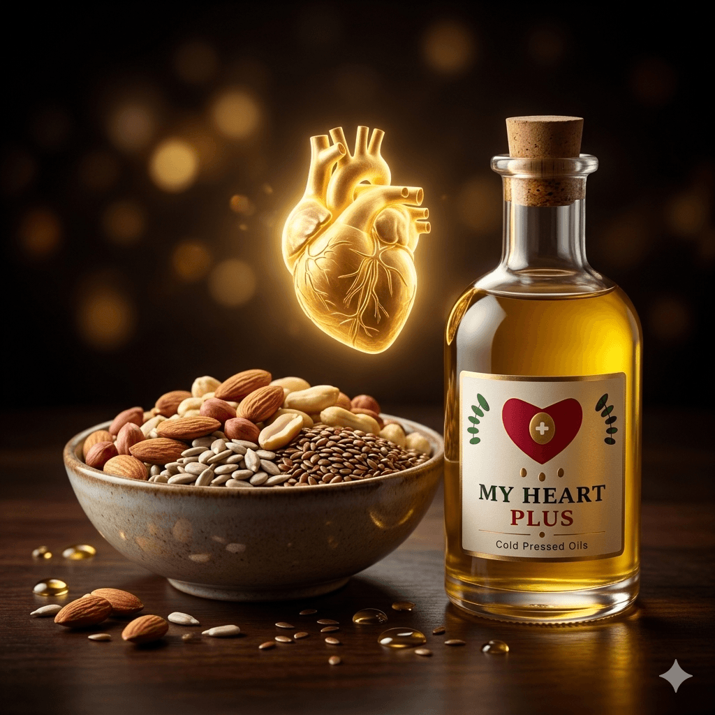 Heart-health visual beside a premium bottle of My Heart Plus oil